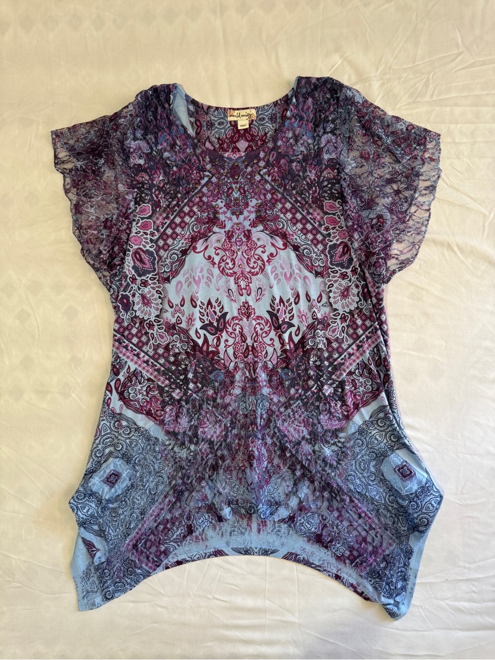 Printed Short Sleeve Tunic Top - Blue Purple - Picture 11 of 12